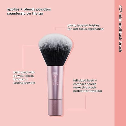 Real Techniques Mini Multitask Makeup Brush, For Blush, Bronzer and Powder, Face Brush with Custom-Cut Synthetic Bristles, For Loose and Pressed Powder, Travel Sized, Vegan and Cruelty-Free, 1 Count