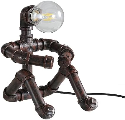 Kaj Hejmo Water Pipe Table Lamp Robot Style- Retro Industrial Steampunk Rustic Table Light- Vintage Farmhouse Desk Lamp for Bedroom,Office, Bedside, Nightstand, Baror or Shop (Rust-Style C)