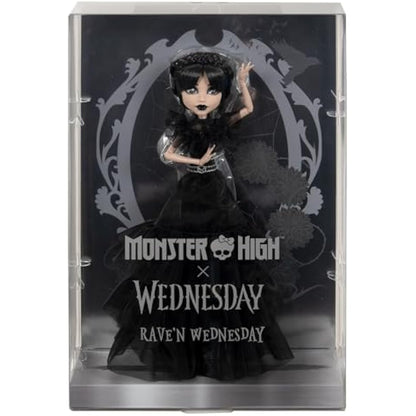Monster High Wednesday Doll, Rave’N Wednesday Collectible in Black Gothic Gown inspired by Dance Scene, Premium Accessories and Doll Stand, HXJ03