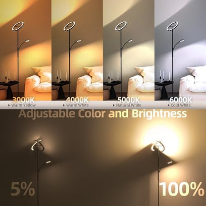 FIMEI Uplighter Floor Lamp, 22W Floor Lamp & 7W Reading Lamp, Stepless Dimming & 3000K-6000K Color Temperature, Remote & Touch Control, Modern Standing Light for Living Room, Bedroom, Office