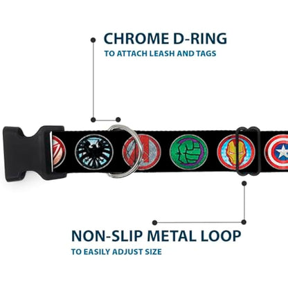 Buckle-Down 9Avenger Icons Black/Multi Color Marvel Avengers Plastic Clip Collar, Wide Large/18-32"