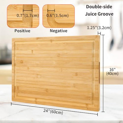Utoplike Extra Large XXXL Bamboo Cutting Board 60 x 40 x 3.2 cm,Large Wooden Butcher Block for Turkey, Meat, Vegetables, BBQ, Over The Sink Chopping