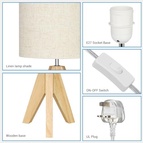 EDISHINE Bedside Lamps Set of 2, Wood Bedside Table Lamp, Tripod Desk Lamp with Beige Linen Lampshade, On-Off Switch, Desk Lamps for Living Room, Bedroom, Office, E27 Base, Linen