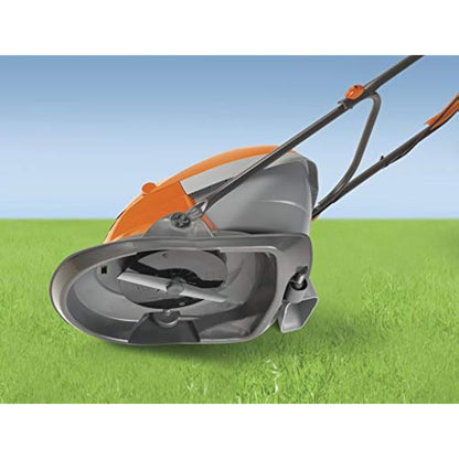 Flymo Hover Vac 250 Electric Hover Collect Lawn Mower - 1400W, 25cm Cutting Width, 15L Grass Box, Ambidextrous Handles, Folds Flat, Orange and Grey