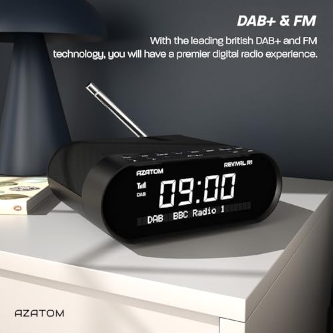 DAB/DAB+ & FM Bedside Digital Radio | Dual Alarms & Sleep Timer | USB Device Charging | Mains Powered | Bluetooth | Perfect for the Bedroom | AZATOM Revival R1 (Black)