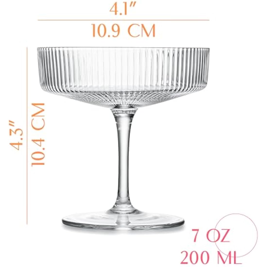 Vintage Art Deco Coupe Glasses | Set of 4 | 200 ml Classic Cocktail Glassware for Champagne, Martini, Manhattan, Cosmopolitan, Sidecar | Crystal Speakeasy Style Saucer Goblets with Stems