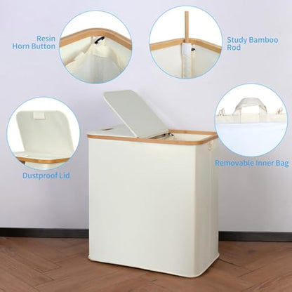 efluky 140L Laundry Baskets with Lid 2 Compartments, Large Laundry Hamper, Double Laundry Basket Storage with 2 Removable Bags, Beige