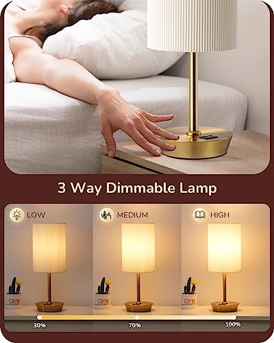 EDISHINE Bedside Lamps Set of 2, Touch Table Lamps with 2 USB Ports, Round Pleated Shade, 3 Way Dimmable Lamp for Bedroom, Living Room, Home Office, Gold (Bulb Included)