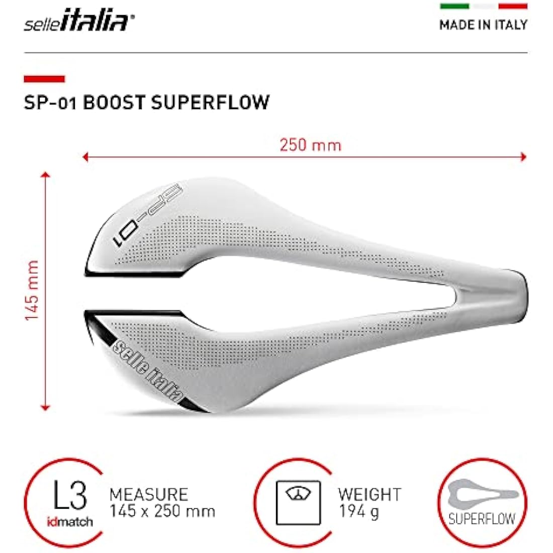 Selle Italia SP01 BOOST Saddle 146x250mm (L3) Superflow White -