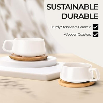 MIAMIO – 320 ml, Set of 4 Ceramic Tea Cup and Saucer Bamboo/Tea Mug - Wide Cappuccino Cup, Coffee Cups Ceramic Mug for Cappuccino, Latte, Espresso & Americano - Luxe Collection (White)