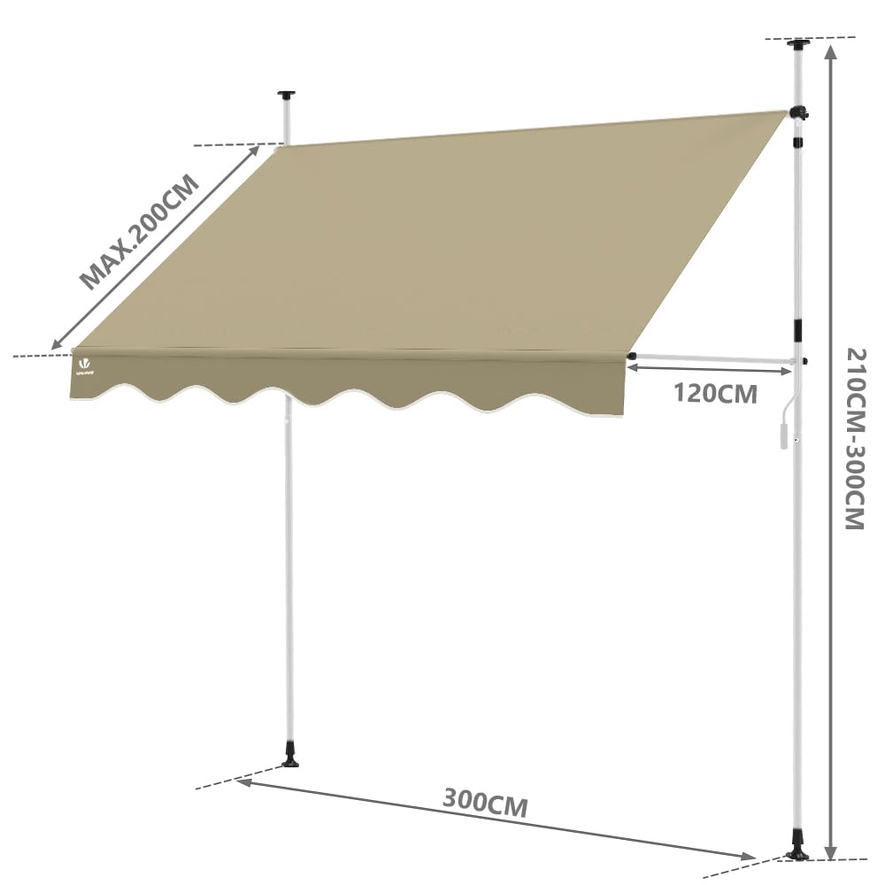 VOUNOT? 3 x 1.2m Patio Telescopic Awning, Retractable Manual Awning, Adjustable Waterproof Canopy with Hand Crank, Balcony Sun Shade Shelter, Beige