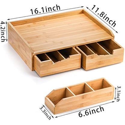 SOUJOY Bamboo Drawer Organizer for Coffee Pod, K Cup Organizer for Counter, Tea Bag Storage Organizer with Drawer and Side Storage Box for Kitchen Office Coffee Bar