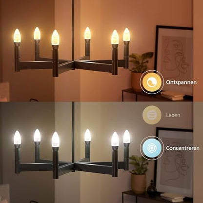 Philips Hue Filament Candle 2 Pack White Ambiance LED Smart Light Bulb [E14 Small Edison Screw] 4.9W for Indoor Home Lighting. Bedroom, Livingroom and Dining.