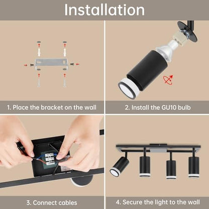 Dehobo LED Kitchen Ceiling Lights GU10, Black Ceiling Spotlights 4 Flames Swiveling 350°, Ceiling Light Bar Spotlight for Kitchen Bedroom Living Room, No Bulbs