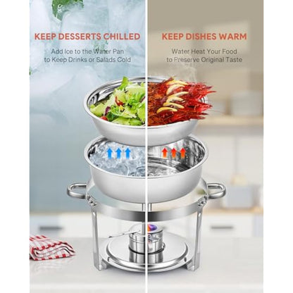 Wilprep Chafing Dish Buffet Set of 4, Round Stainless Steel Chafing Dishes and Food Warmers with Lids Food Pans & Fuel Holders, 5L Buffet Trays for Restaurant Catering Parties Weddings Picnics