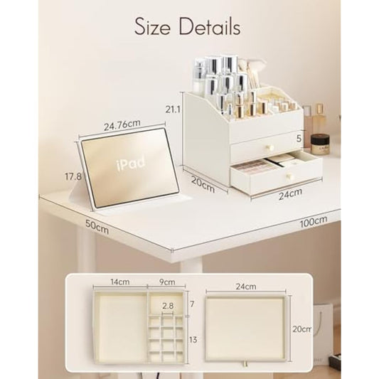 Vlando Makeup Organiser, Faux Leather Cosmetic Organiser with 2 Drawer, Dressing Table Organiser for Lipstick, Jewellery & Skincare Storage,Beige