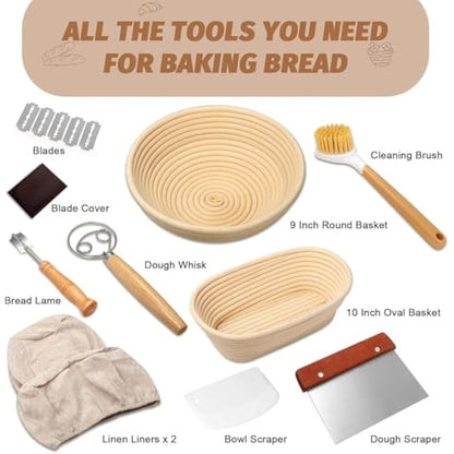 Banneton Bread Proofing Basket Set, 9 Inch Round & 10 Inch Oval Sourdough Proving Basket, 100% Natural Rattan, Sourdough Bread Making Kit with Cloth Liner, Bread Lame, Dough Whisk, Scrapers & Brush