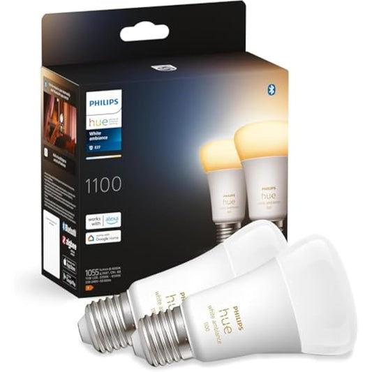 Philips Hue New White Ambiance Smart Light Bulb 2 Pack 75W - 1100 Lumen [E27 Edison Screw] with Bluetooth. Works with Alexa, Google Assistant and Apple Homekit.