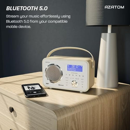 DAB/DAB+ & FM Portable Digital Radio | Leather Design | Bluetooth | Rechargeable Battery | Dual Alarms & Sleep Timer | Perfect for Home, Office or Outdoors | AZATOM Spitalfields 2 (White)