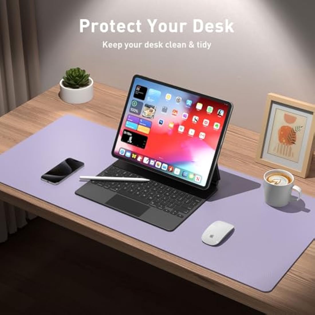 Leather Desk Pad Protector,Mouse Pad,Office Desk Mat, Non-Slip PU Leather Desk Blotter,Laptop Desk Pad,Waterproof Desk Writing Pad for Office and Home (60cmX35cm, Lavender)