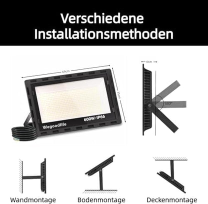 Wegoodlife 600W LED Outdoor Spotlight, Super Bright 60000LM, 6500K Cool White, IP66 Waterproof Floodlight, 50cm Cable, Outdoor Light for Garden, Backyard, Hallway