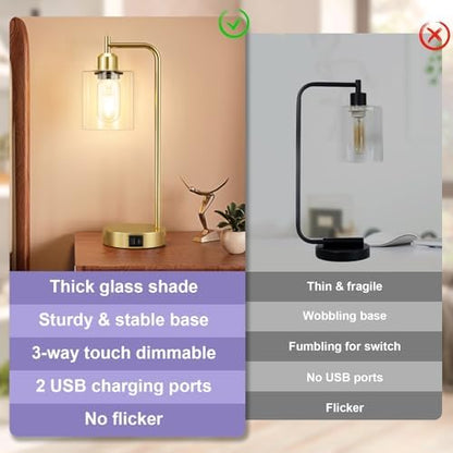 Aooshine Industrial Touch Lamps Set of 2, Gold Bedside Lamps Set of 2 with Glass Shade for Bedroom(Bulbs Included)