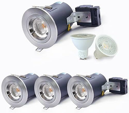4XSweier IP20 Fire Rated LED Downlights for Ceiling,90 Minute Fire Rated GU10 Downlights, 5W 6000K Cool White Ceiling Recessed Spotlights Fittings with Satin Nickel (Non-Dimmable)