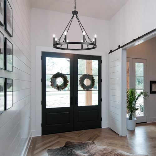 ASHUAQI Wagon Wheel Chandelier, 8-Light Black Chandelier Ceiling Lights Living Room, Rustic Modern Farmhouse Chandeliers Ceiling Light for Dining Room, Kitchen, Hallway, Bedroom, Hall