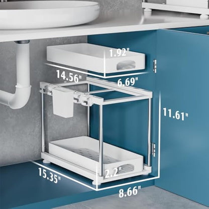 VERIFOST 2 Pack Under Sink Storage Kitchen Organiser, 2 Tier Under Sink Organiser with Two Slide-Out Drawers, Height Adjustable Undersink Storage Organiser Kitchen, White