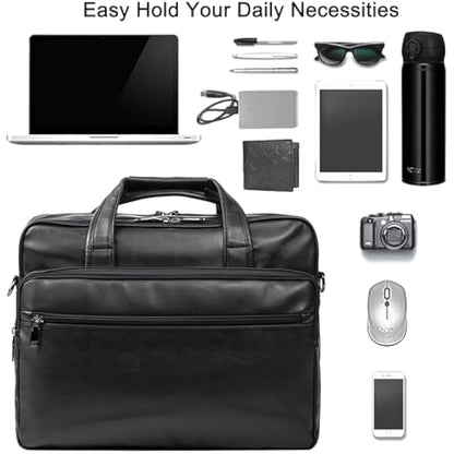 seyfocnia Leather Laptop Bag, Men's 15.6 Inche Messenger Briefcase Business Satchel Computer Handbag Shoulder Bag Fits 15.6 Inch Laptop Computer (Black)