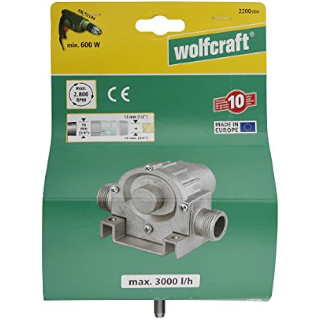 wolfcraft Pump with Metal Casing (3000 l/h) I 2200000 I for Pumping Liquids with a Power Drill