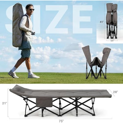 OVERMONT 28" Extra Wide Padded Folding Camping Beds for Adults - Comfortable Portable with Cushion and Pillow - Folding Cot with Carry Bag Supports 550 lbs for Outdoor Travel Home Office Nap