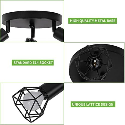 FORCOSO Spotlight Ceiling Light, Retro 3 Way Swiveling Ceiling Spotlight, Rotatable LED Wall Lights, Black Metal Lampshade for Living Room Bedroom Kitchen Loft