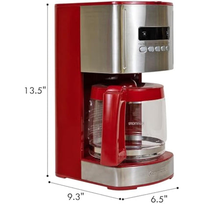 Kenmore 12-Cup Drip Coffee Maker Machine, 1.8L Programmable Filter Coffee Machine with Timer, Fast Brewing Technology, Reusable Filter, Glass Carafe, Digital Display, Charcoal Water Filter, Red