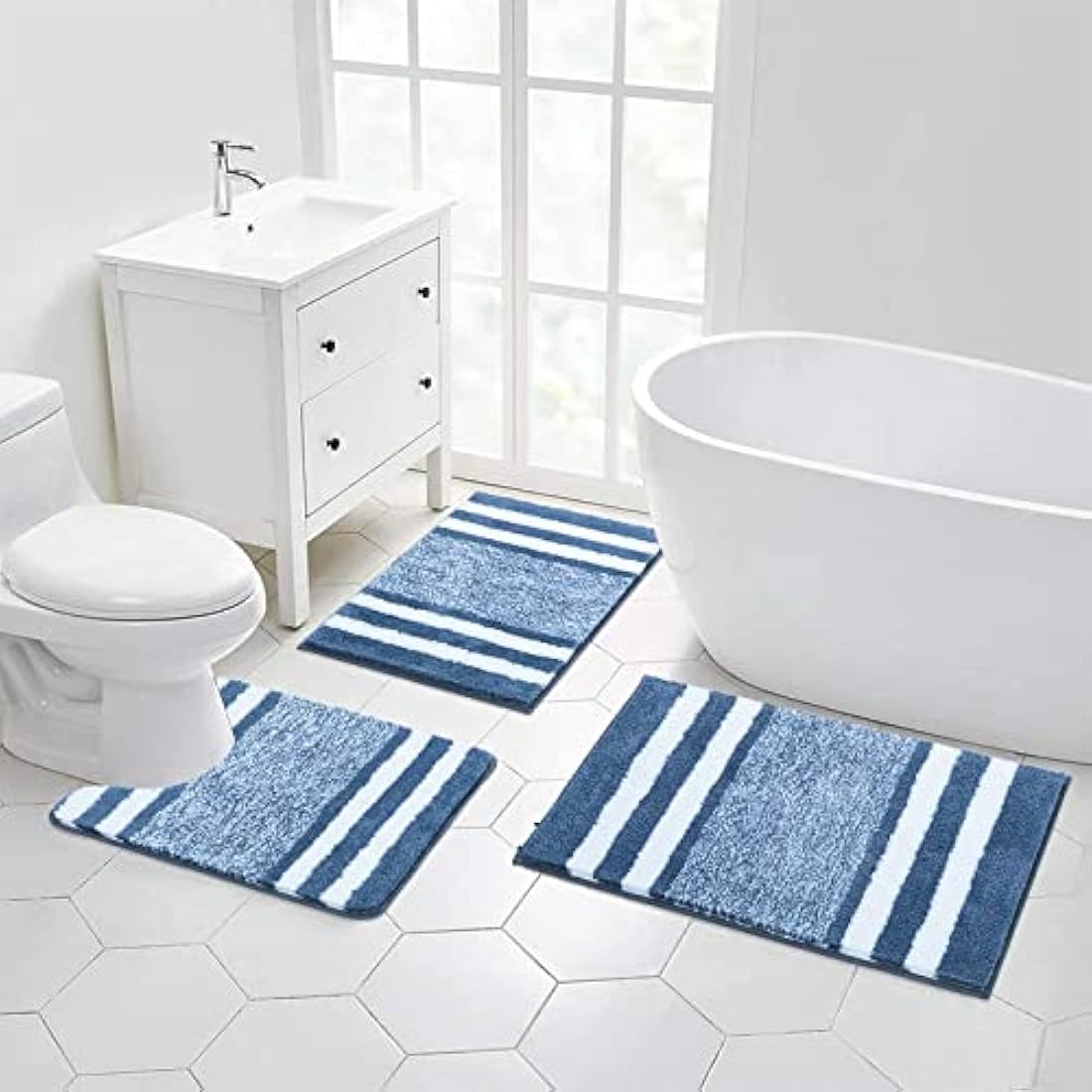 Pauwer Non Slip 3 Pieces Bath Mats and Toilet Mat Set Super Water Absorbent Bath Rug Sets Machine Washable Microfiber Shaggy Shower Floor Mats for Bathroom