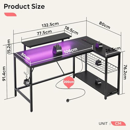 Bestier 132.5CM L-Shaped Workstation with Carbon Fibre Surface, 3 Power Outlets & 2 USB Ports, LED Strip Lights – Reversible Corner Unit with Shelves & Hooks for Home Office & Gaming