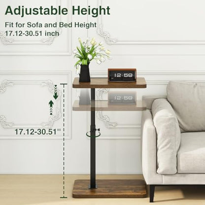 IBUYKE C Shaped Side Table, 360° Swivel Height Adjustable End Table for Small Spaces, with Phone & Tablet Slot, Modern Small Coffee Snack Table for Sofa/Bed, Retro Brown TVT003H