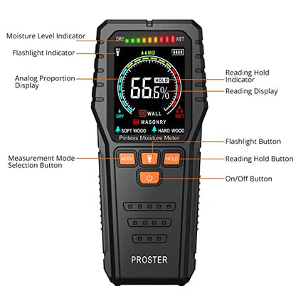 Proster Pinless Moisture Meters - with Backlit LCD Screen Non-Invasive Damp Meter Detects up to 3/4-Inch Below Surface for Non-Destructive Moisture Detection Wallboard Masonry Hardwood and Softwood