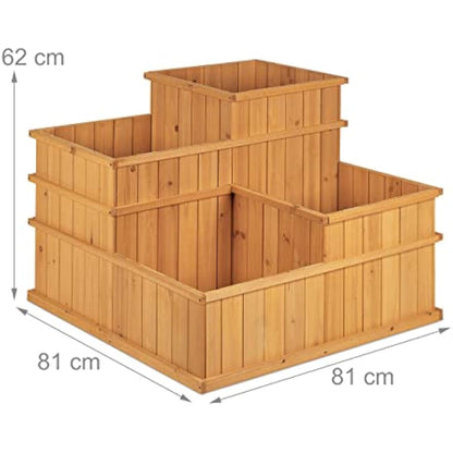 Relaxdays Raised Flowerbed, Tiered, 4 Planter Boxes, Herbs, Garden, Balcony, Terrace, Wooden, HWD: 61x81x81 cm, Natural, Wood