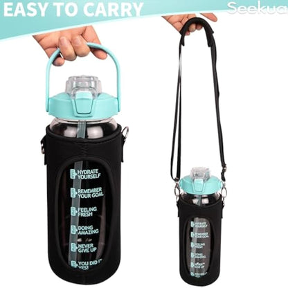 Seekua 2l Glass Water Bottle with Straw & Motivational Time Markings 2 litre Large Leakproof Gym Drinking Bottle