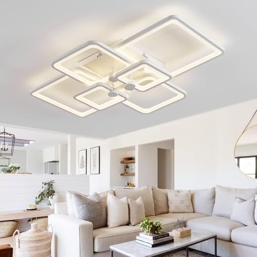 HIHIHOMY Modern LED Ceiling Light Dimmable with Remote Control 6-Ring Living Room Geometric Design 78 W 6630 LM, White for Bedroom, Kitchen, 3000-6500 K Lamp [Energy Class F]