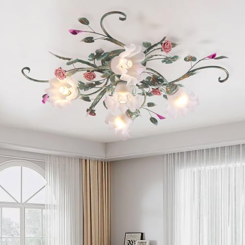 meibeileil Country Villa Ceiling Lights,Chandelier with Glass Lampshade and Pink Ceramic Roses,Vintage Flower Design Light Fittings Ceilings for Living Room Bedroom Restaurant Hallway