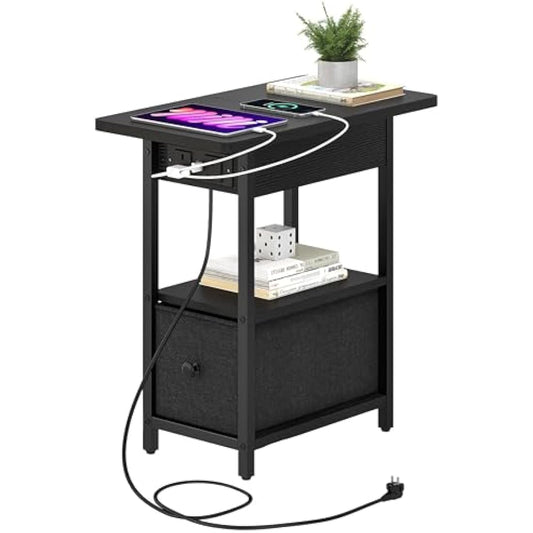 YITAHOME Narrow Side Table with Charging Station, Black Slim Side Table with Storage End Table with Drawers, Bedside Table with USB Ports Outlets Sofa Table Nightstand for Living Room, Bedroom