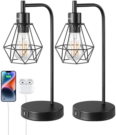 EDISHINE Bedside Lamps Set of 2, Dimmable LED Table Lamp, Diamond Cage Lampshade, USB Charging Ports, Touch Lamps for Living Room, Bedroom, E27 Socket, Bulb Included, Black