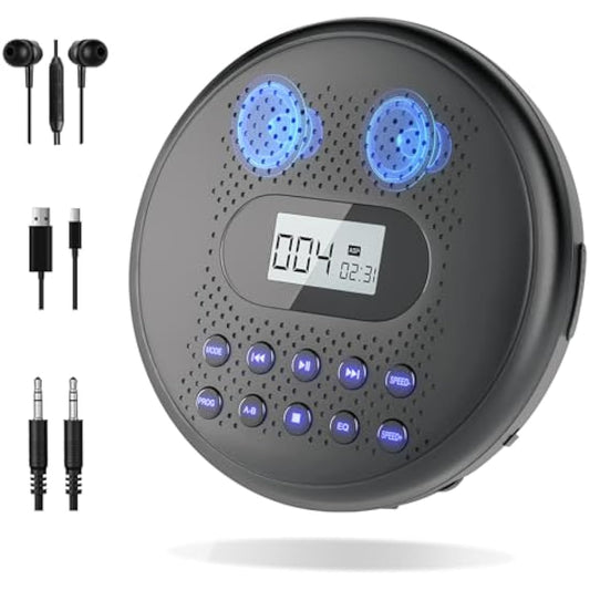 ARAFUNA Portable CD Player with Dual Stereo Speakers, Rechargeable CD Player for Car with Anti-Skip Protection, Compact Player with Headphones and AUX Cable