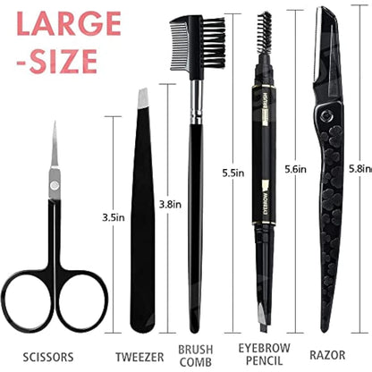 Gibot Stainless Steel Eyebrow Grooming Kit - 5pcs Set with Tweezers, Scissors, Brush Comb, Pencil, Razor and Travel Case for Women and Men, Black