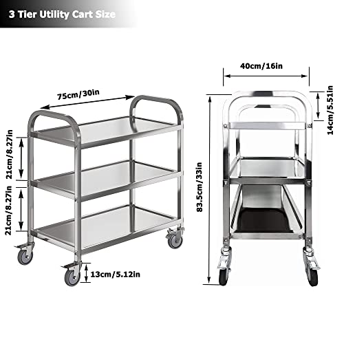 Nisorpa 3 Tier Stainless Steel Catering Trolley Wheels Utility Cart Kitchen Cart Serving Trolley with Locking Wheels for Kitchen Hotels -