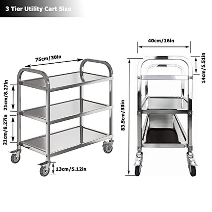 Nisorpa 3 Tier Stainless Steel Catering Trolley Wheels Utility Cart Kitchen Cart Serving Trolley with Locking Wheels for Kitchen Hotels -