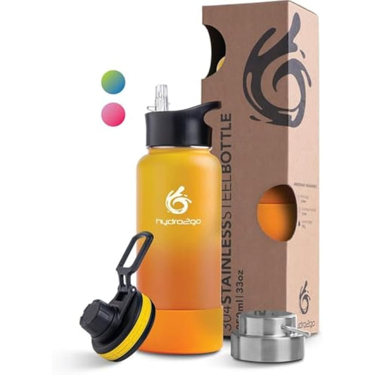 hydro2go Stainless Steel Water Bottle – BPA-Free Bottle for Kids, School, Sports & Outdoor – Keeps Drinks Hot for up to 12H and Cold for up to 24H – Includes 3 Drinking Caps – 950 ml (Sun)