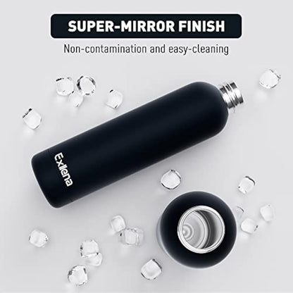 Exllena Insulated Black Water Bottles 1l with Clip, Double Wall Vacuum Drinks Bottle Keeps Drinks Cold 24 Hrs/Hot 12 Hrs, Stainless Steel Water Bottle BPA Free